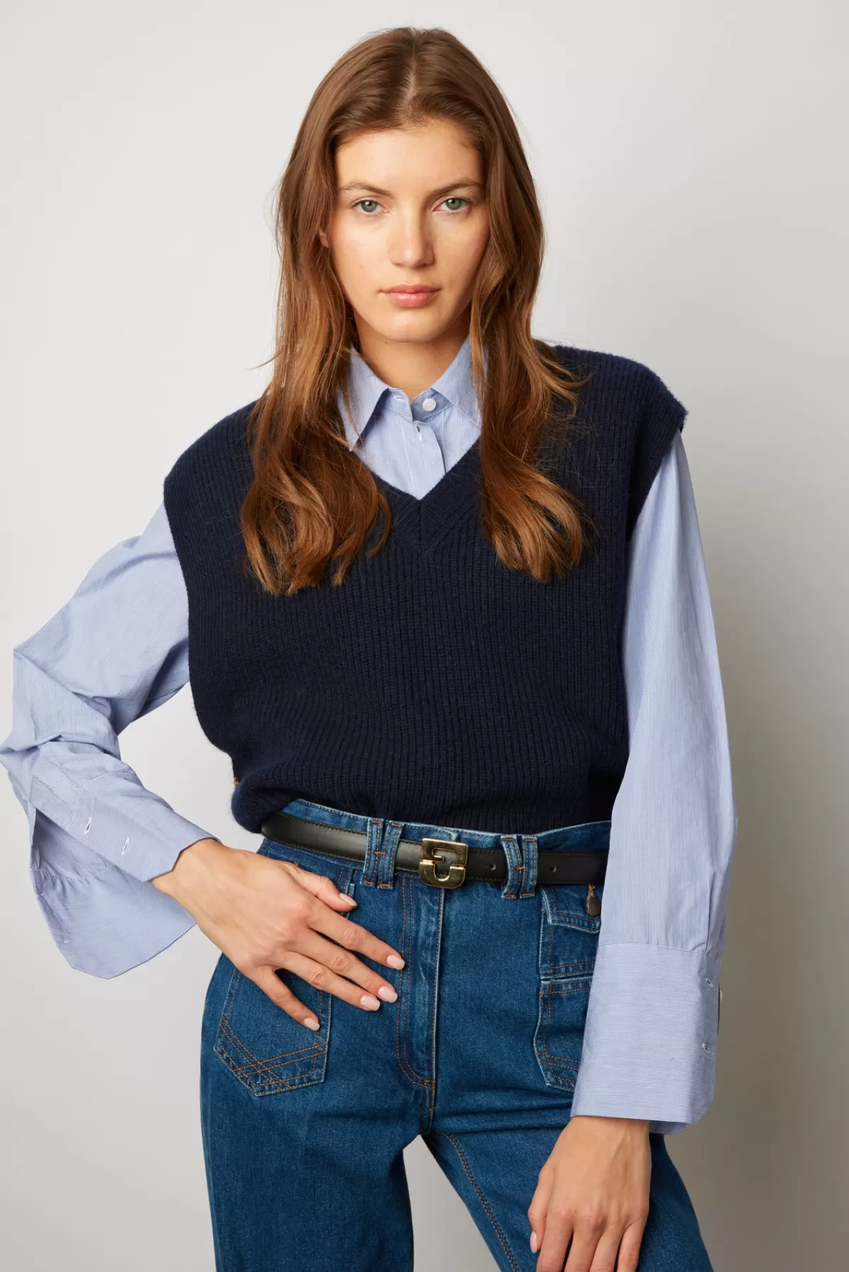 Gerarddarel Pull V sans manche en laine à côtes - LUCCIA Bleu foncé / Marine-Femme Maille